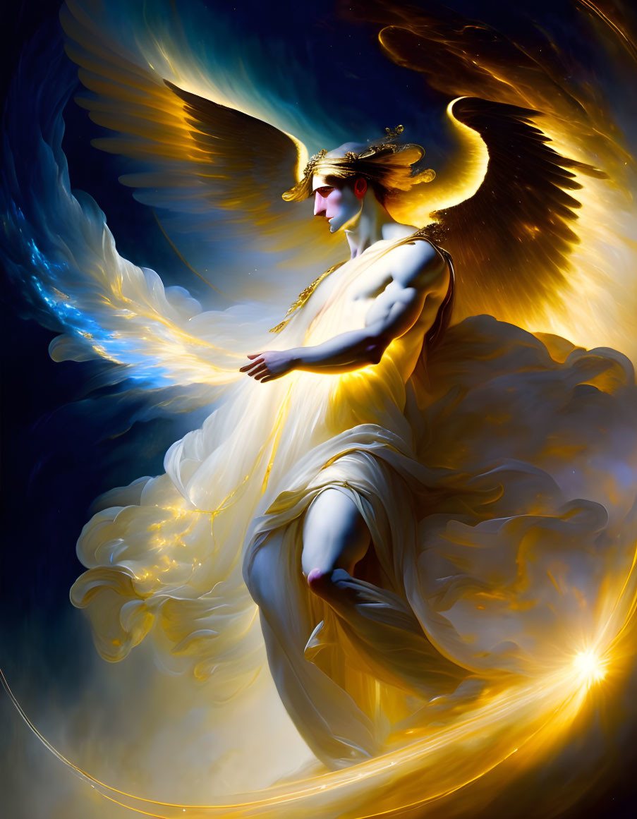 Golden-winged angel with blindfold in celestial light