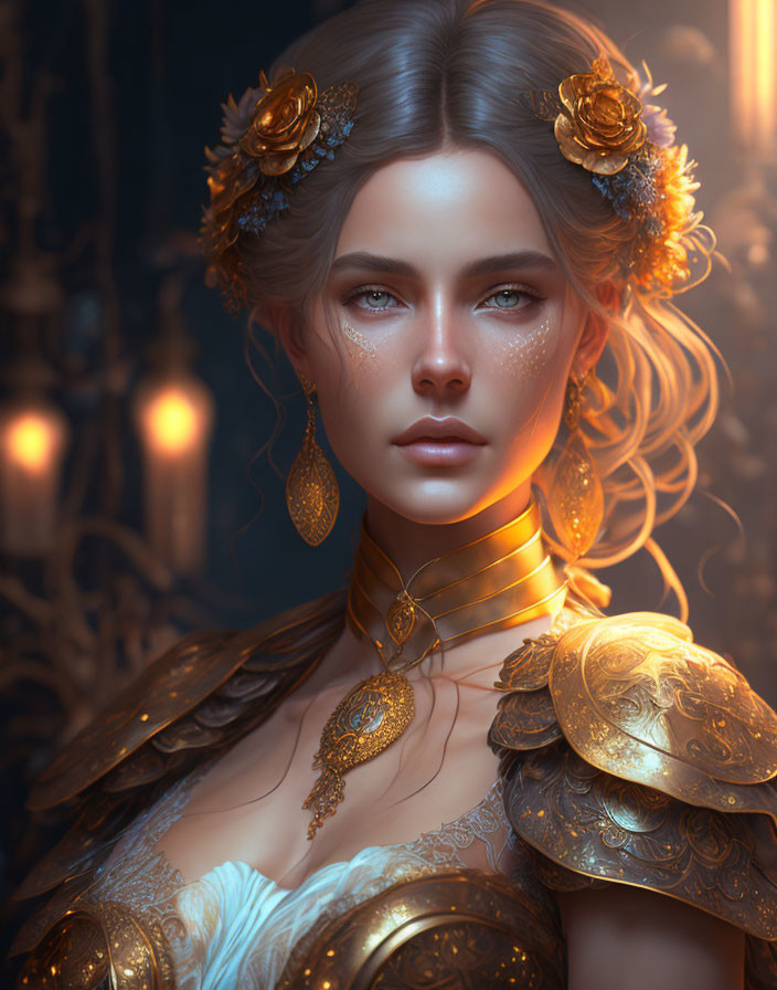 Detailed Digital Portrait of Woman in Golden Armor and Jewelry