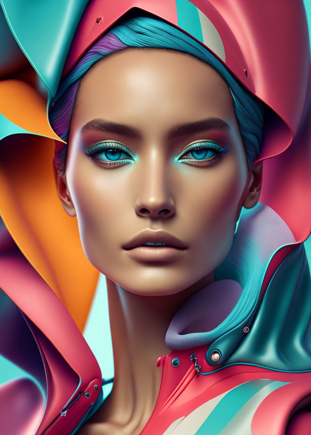 Digital artwork featuring woman with blue eyes and futuristic attire