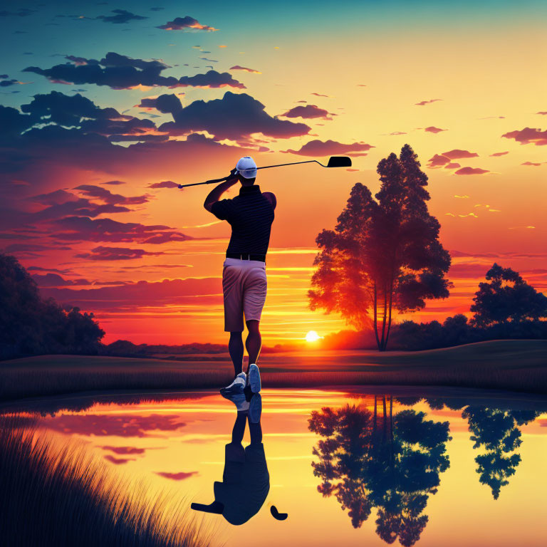 Golfer in striped shirt swings club at sunset over calm water