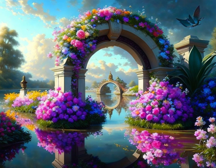 Stone archway with colorful flowers reflected in tranquil pond under soft sky