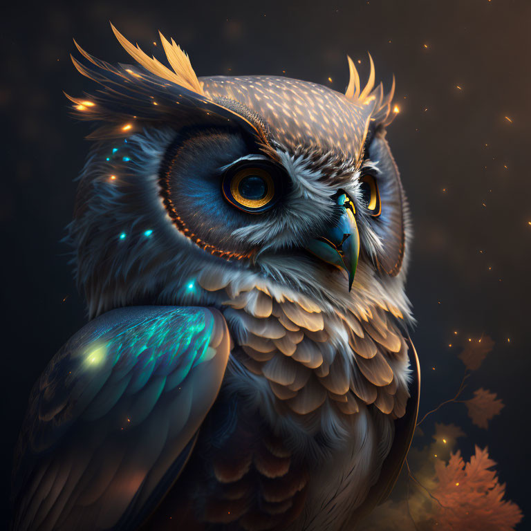 Vividly Illustrated Owl with Blue Markings and Orange Eyes in Autumn Setting