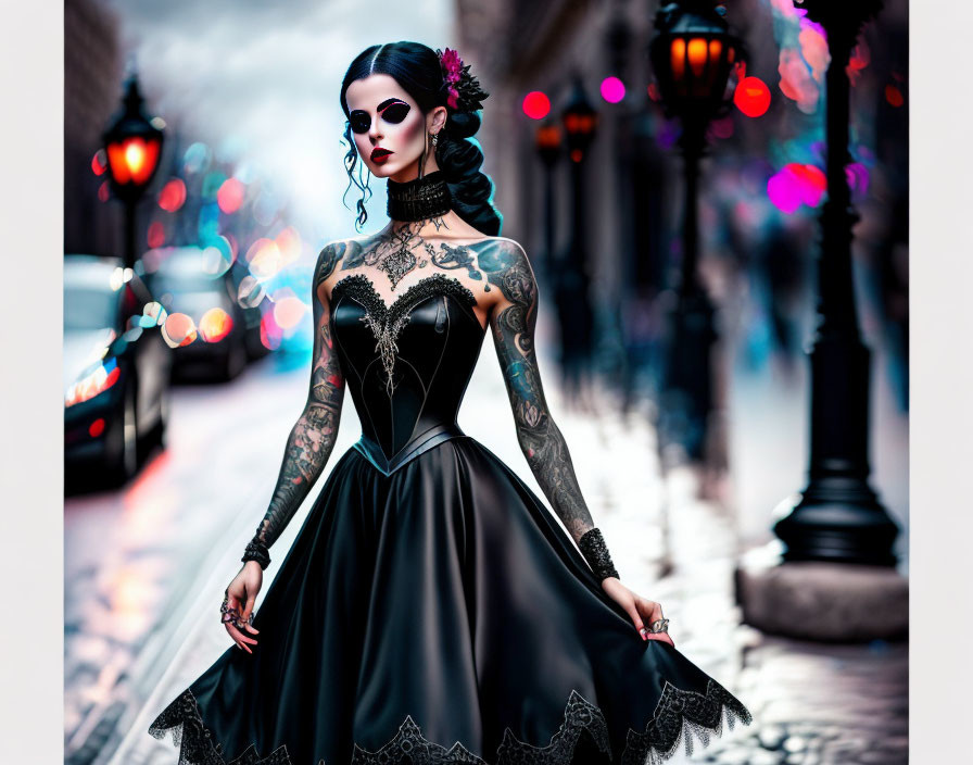 Gothic Attired Woman with Tattoos on Vintage Street with Bokeh Lights