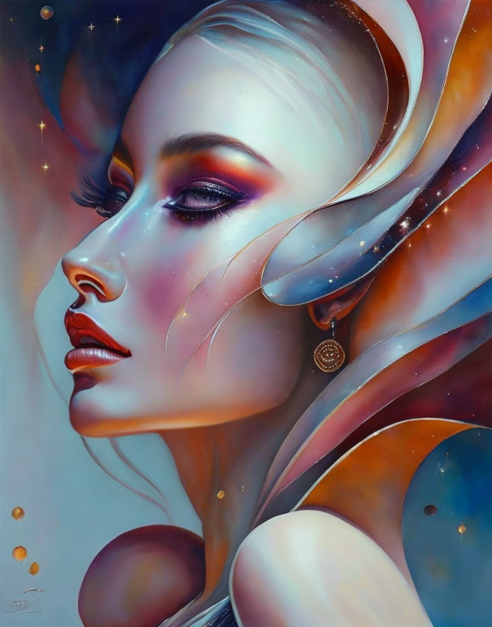 Ethereal portrait of female figure with cosmic-inspired makeup and celestial adornments.