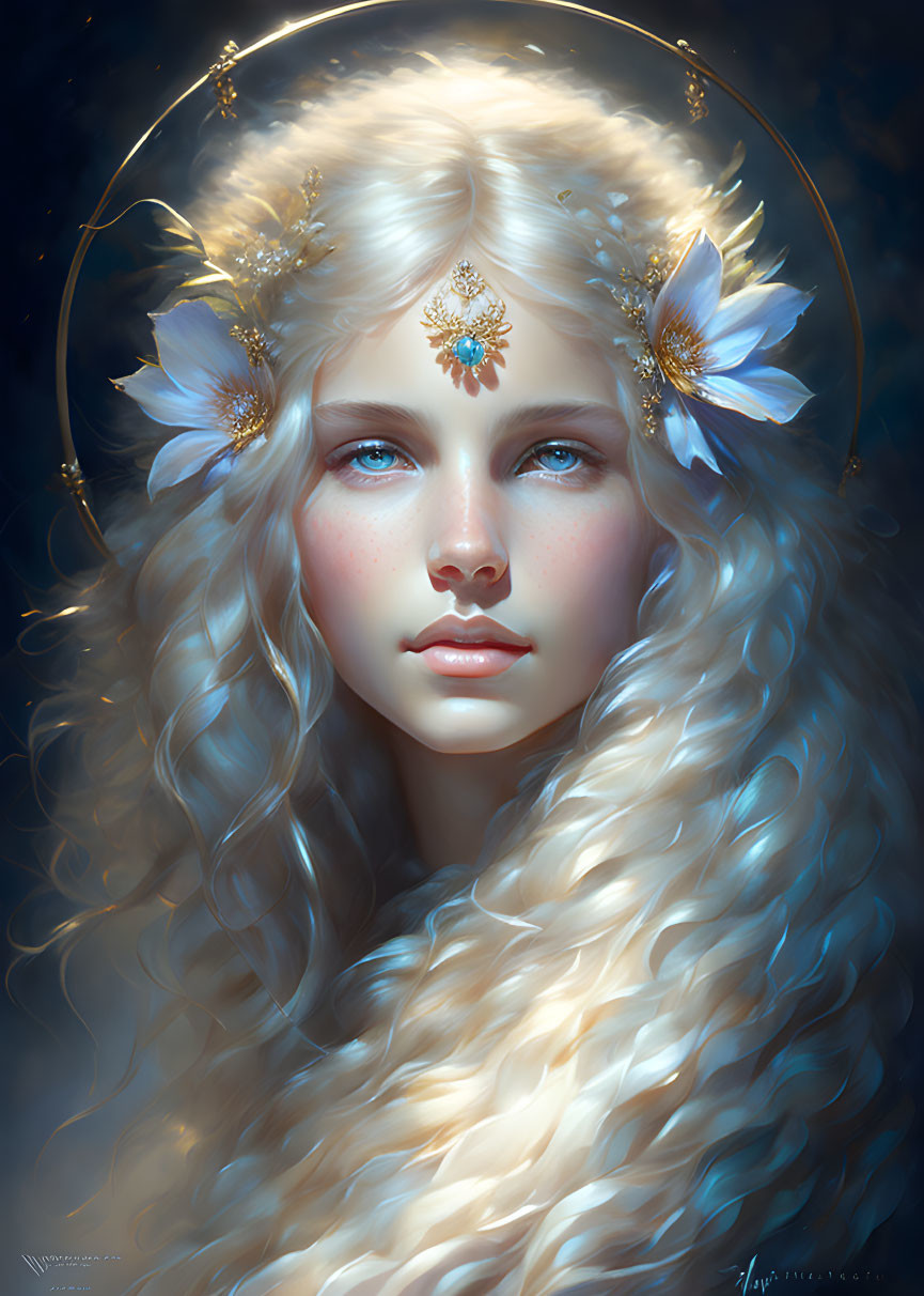 Fantasy portrait of woman with long blonde hair, blue eyes, golden halo, leaf and star decorations