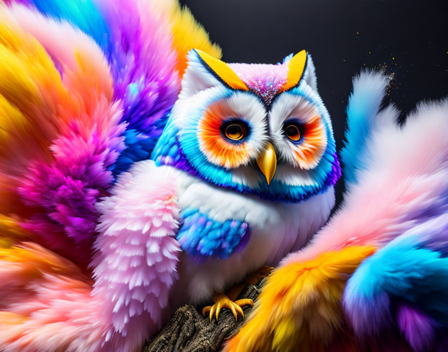 Colorful Stylized Owl with Blue, Pink, Purple, and Orange Feathers on Branch