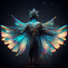 Person with Luminous Blue Bird-like Wings in Mystical Setting