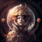 Celestial female figure with galaxy cloak and planetary hair portrayal