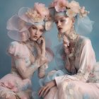 Stylized female figures in floral-themed attire with pastel tones