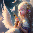 Golden-haired child with wings plays flute in radiant light with birds.