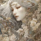 Ethereal fantasy figure with pale skin and golden accessories in floral motif