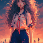 Digital illustration of woman on beach at sunset in white shirt and blue shorts