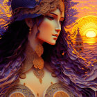 Elaborate golden headpiece on female figure against sunset backdrop