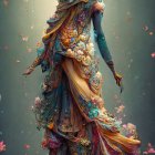 Illustrated ethereal woman in teal and gold gown with flowers and butterflies on starry backdrop