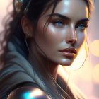 Digital artwork featuring woman with luminous skin, golden crown, blue gemstone earrings, silver armor shoulder