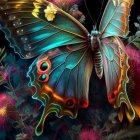 Colorful Butterfly Among Flowers on Dark Background