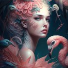 Colorful artwork with woman and flamingos in pink feathers