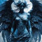 Ethereal blue-toned female figure with majestic wings and ornate headdress.