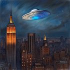 Giant UFOs with blue lights over cityscape at night