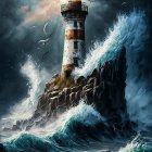 Vibrant digital art: Lighthouse on rocky outcrops under dynamic sky