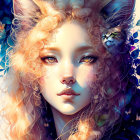 Fantasy illustration of young woman with feline ears and cat in vibrant blue and orange setting