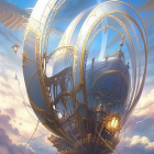 Steampunk-style airship with feather-like elements and central eye design in cloudy sky