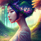 Woman with tree and flower headpiece in fantastical forest scenery