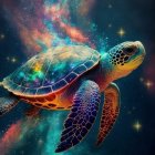 Colorful Digital Art: Sea Turtle with Glowing Shell in Cosmic Space