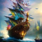 Fantasy image: Glowing sail ship near lantern-lit island