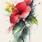 Colorful Watercolor Painting of Red Hibiscus Flower