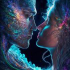 Cosmic man and woman with glowing face patterns in starry kiss