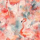 Vibrant illustration of pink flamingos in lush floral setting