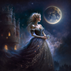 Illustrated princess in blue gown at glowing castle under starry sky with wolf silhouette.