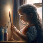 Young girl painting on canvas with vibrant colors and magical light.