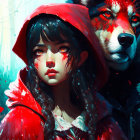 Girl in Red Hood with Wolf in Snowy Forest and Red Petals