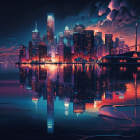 Vibrant neon-lit futuristic cityscape at dusk with high-rise buildings and floating orbs