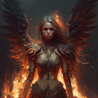 Dark angelic winged woman in metallic armor exudes mystical power