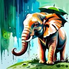 Colorful Elephant with Umbrella in Surreal Rain Shower