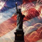 Statue of Liberty with vibrant fireworks and American flag in the sky