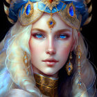 Majestic figure with blue eyes and crown in luxurious attire