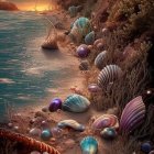 Fantasy beach scene with shimmering water and ornate shells