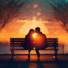 Silhouette of couple on park bench at sunset