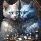 Regal cats with intense blue eyes in golden headpieces and blue attire against dark background.