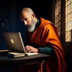 Bald Person in Orange Robes Working on Laptop in Dark Room