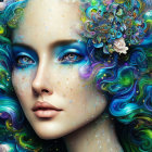 Vibrant blue and turquoise hair portrait with gold jewelry and flowers, intricate details.