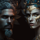 Regal Figures with Ornate Headpieces and Metallic Skin Tones