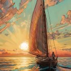 Sailboat gliding on sea at sunset with vivid sky colors and detailed rigging