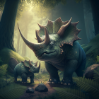 Mystical forest scene with two triceratops and sunlight rays