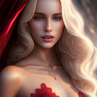 Digital artwork: Woman with blonde hair, blue eyes, red attire, luminous patterns.