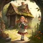 Young girl reading book in quaint village with whimsical houses and nature ambiance.